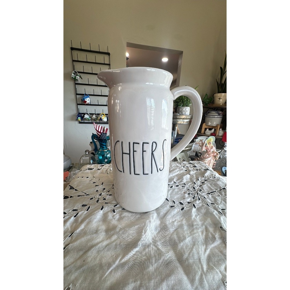 Rae Dunn CHEERS pitcher 9" tall white pottery